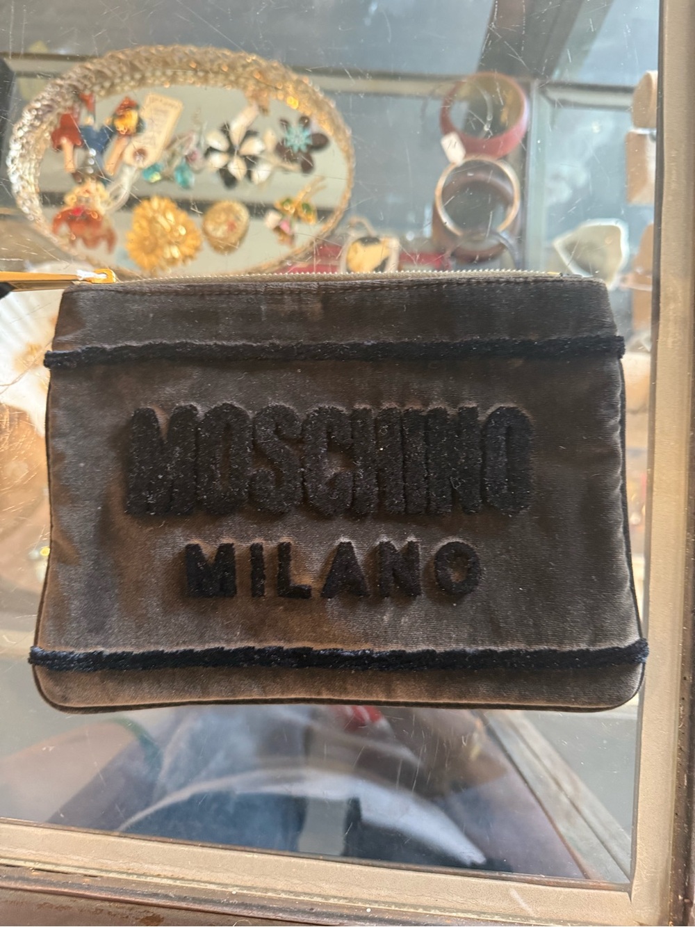 Moschino Black Velvet Milano Logo Pouch